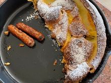 Leftover Dutch Baby and maple flavored sausages. 