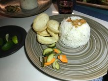 Comes with rice, kroepoek and atjar ketimun
