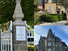 Entrance sign; front and back of chateau