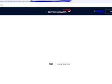 The BA website with the main screen showing a 500 internal server error message