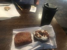 At North Lime Donuts. Large latte plus apple-butter-filled and bourbon ball donuts. Mmmm
