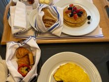 Three egg omelette, pancakes and pastry basket