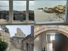 Steps to our room, entrance thru a low door, view from one set of windows and the shore outside