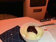 Sundae with choice of chocolate or berries or Biscoff topping; other dessert was an opera cake.