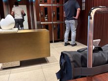 Lockers and the restroom door.