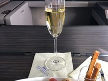 Meal service on this flight started with Krug champagne and a few appetizers. I won't do a picture of the menu since that's online. I requested the Japanese menu + Caviar. Left to Right they are: Spinach and Salmon wrap, Duck slices, Foie Gras ball, and breadsticks.
