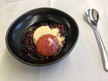 The Japanese desert was a refreshing ball of agar jelly and some assorted berries beneath it.