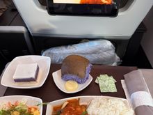 Grilled Miso Chicken on Honolulu to Rarotonga on Hawaiian. The chicken was a bit spicy to my liking though and the dessert was quite delicious with the Okinawan Sweet Potato & Hapuia. 

Was a bit disappointed that there were no amenity kits in Business Class as I love their products. 