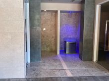 Steam room, sauna, rain shower, and pebble ice machine