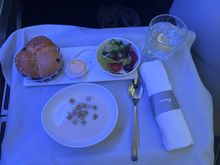 Roasted artichoke soup with pesto crutons.  Pleasant creamy flovour but could not really taste the artichokes