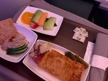 Chips & Hummus followed by Kimchi Beef Pie, Potato Salad, & Gherkins. The Fruit platter was the “dessert” so no Honolulu Cookies. 