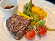 Wagyu beef striploin with truffle polenta, king oyster mushroom, vine cherry tomatoes, grilled vegetables, beef jus. 9/10 - beef perfectly mid rare but the truffle polenta was slightly bland.