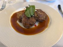 Duo of lamb rack and braised lamb - feta, pomegranate jus. Sauce was served in the "jug", I poured this myself.