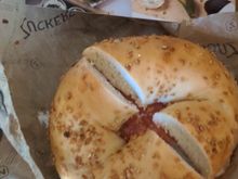 A smoked sable fish bagel with cream cheese and tomato in NYC for lunch.