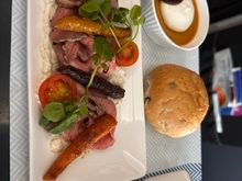 Express mid morning.  Beef salad - I made it all into a roll.  Todays random Do&Co dessert chocolate and caramel - very good.