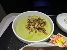 Chilled pea soup - mint oil, puffed wild rice.  Tasty but salty.

