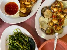 Deep fried squid, clams, Hong Kong veg, plus steamed rice and a fresh coconut for drink (out of shot)