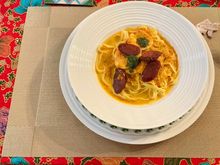 Laksa with chorizo is prawns