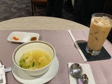 Shrimp wonton and iced chai coffee 