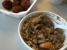 Seafood gumbo and hush puppies.   