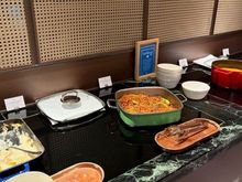 3 hot dishes and soup (potatoes au gratin, fried noodles, crab paste, carrot soup)