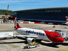 Edelweiss A320 from the viewing terrace; must work out an itinerary involving a flight with them 