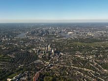 Canary Wharf estate, Isle of Dogs in the distance. LCY is to the right of this picture 