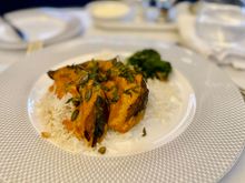 Curry squash on rice, tasty! Main meal in F out of LHR