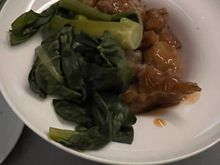 Boneless US pork ribs with strawberry sauce with kai lan. Avoid at all cost. 