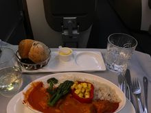 BA55 LHR/JNB last night. Dinner served just about an hour after take off. The Beef Carpaccio was great and the Butter Chicken Curry very tasty. I didn’t have a pud. Lovely smooth flight and attentive friendly crew. 