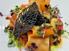 Incredible sauce on this pasta from Paradiso Pure. Dish is paccheri with seitan cream, truffle and vegan caviar, saffron, smoked corn cream & yuzu.