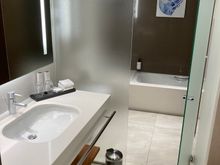 One can close the glass door for privacy between sink/shower and toilet/bath area
