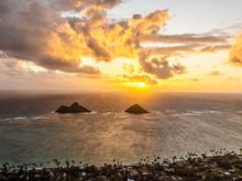 A sunrise view of "The Mokes" in Oahu.