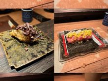 The omakase was inspired by countries of the world; courses from left to right, top to bottom:
- Peru, Scallop with leche de tigre and lime
- Sweden, Aged Red Snapper with caper, onion, dill, chive, and pickle
- Brasil, Anago (saltwater eel) with coffee shell and cacao leaf
- France, Tuna with vegan foie gras
- Spain, Sea Urchin with salmon roe, raw egg yolk injected with truffle soup, and truffle flakes
- Italy, Tiramisushi aka rice pudding with mascarpone and cocoa powder