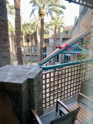 Balcony in Fountain Court Suite overlooking main indoor courtyard. Noisy!