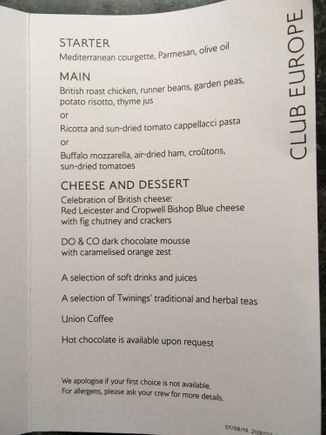 Today’s Band 4 rest of the day menu from BA646 to EFL. 

Firstly apologies for the lack of pictures of the actual food, it was so delicious we scoffed it all before thinking about the pictures. 

Anyway, both myself and Mr TL had the chicken. I was a bit on the fence about having it but the smell from the galley changed my mind. 

The courgette starter was rank IMO, but the potato risotto that came with the chicken was more like cheesy potato fondue and it was ace. 