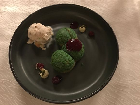 Pistachio profiteroles with morello cherries compote and banana walnut ice cream - was Ben & Jerry ‘ s Chunky Monkey !