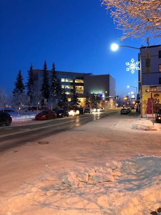 1st Avenue in downtown Fairbanks. The building in the background is the Rabinowitz Courthouse. Photo taken at 9:42 AM. 