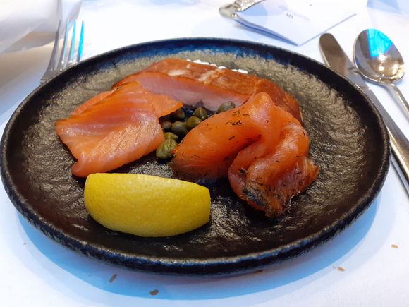 Trio of Scottish salmon ( cold breakfast option)- tasty but maybe too much salmon -upper piece  was not as good as the side pieces