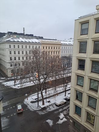 Side view from Rm 807 on Saturday morning ( it had started snowing Friday night)