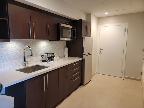 kitchenette (mugs and glasses were provided along with coffee and glass (!) bottles of still and sparkling Voss water, but no other plates/utensils/cookware -- there is no stove
