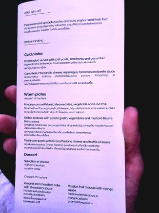 BKK-HEL business class menu.