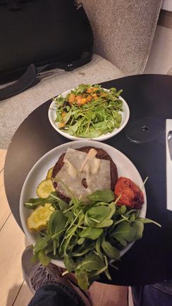 Impossible burger without bun or cheese, with cheese; arugula salad drenched in some molasses vinaigrette (very unpleasant)