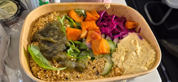 Grain Salad with roast pumpkin and homous. 
