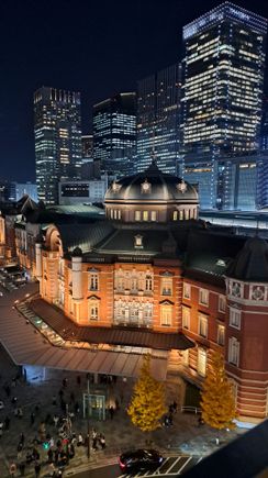 View of the facade of tokyo station from the 6th floor roof garden at the kitte building. Beautiful at night