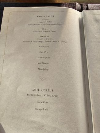Evening drinks menu