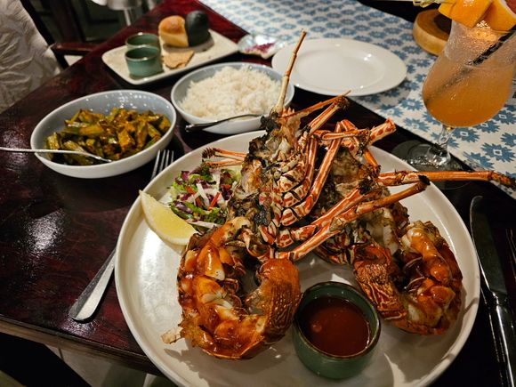Main course - lobster with bongo chilli and garlic, rice, okra