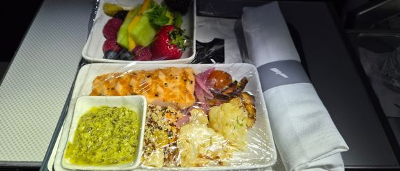 Snack? Or maybe lunch? - Salmon, quinoa, roasted veggies with a side of fruit