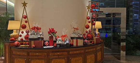 by the lobby lounge area . Hampers are for sale