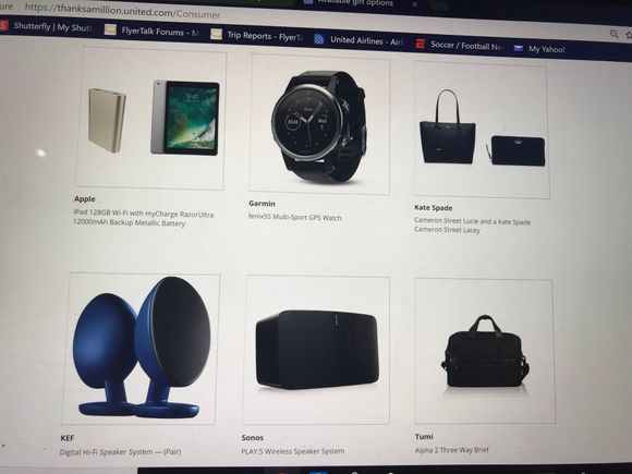 Received the above choices as 4 MM gift. I picked the iPad and charger. I already have Fenix 5, and 5s is for woman and my partner turned it down. Speakers are useless to me, and I already have then Tumi bag.